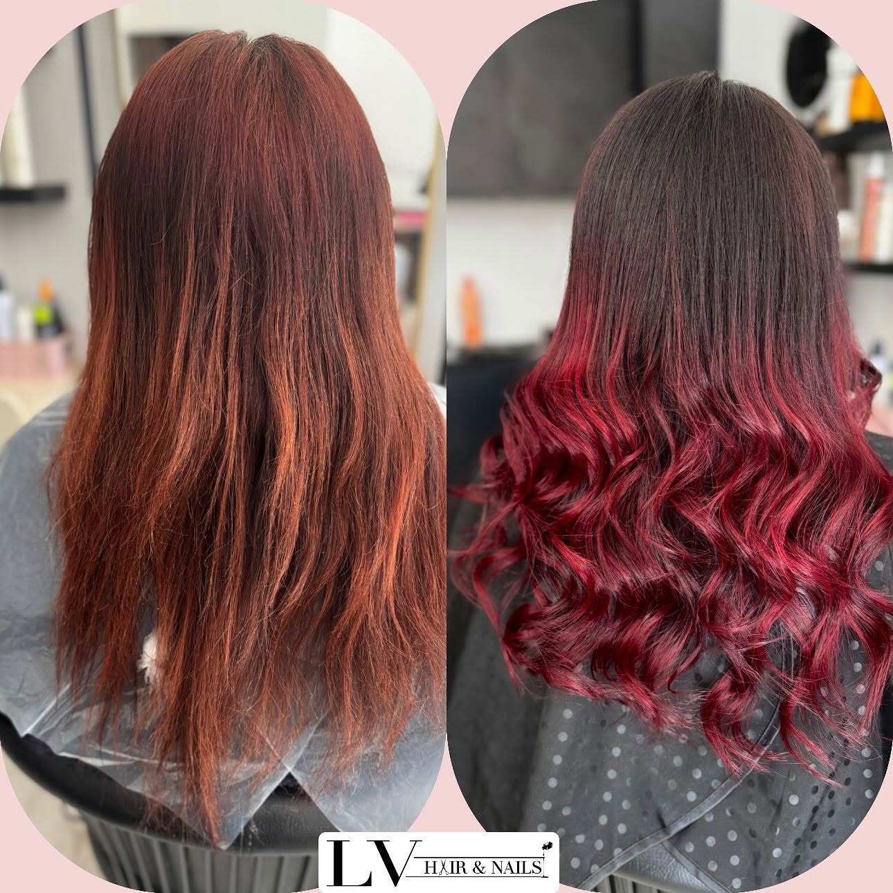 Vibrant Red Ombre & Curl Styling at LV Hair and Nails, Buġibba