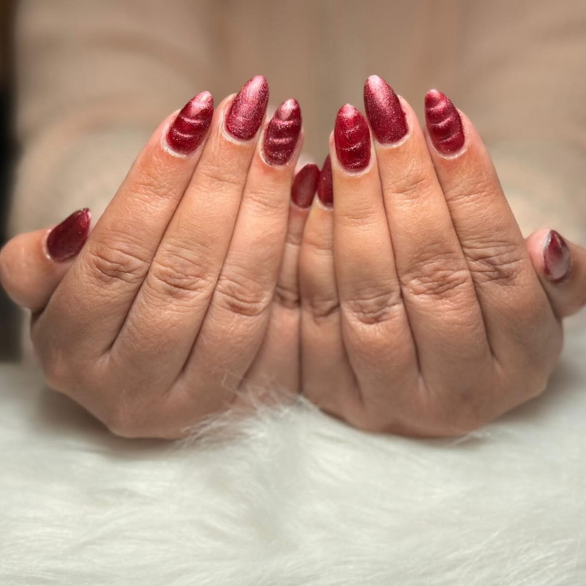 Cat Eye / Metallic Red Glamour Set — nail design by LV Hair and Nails