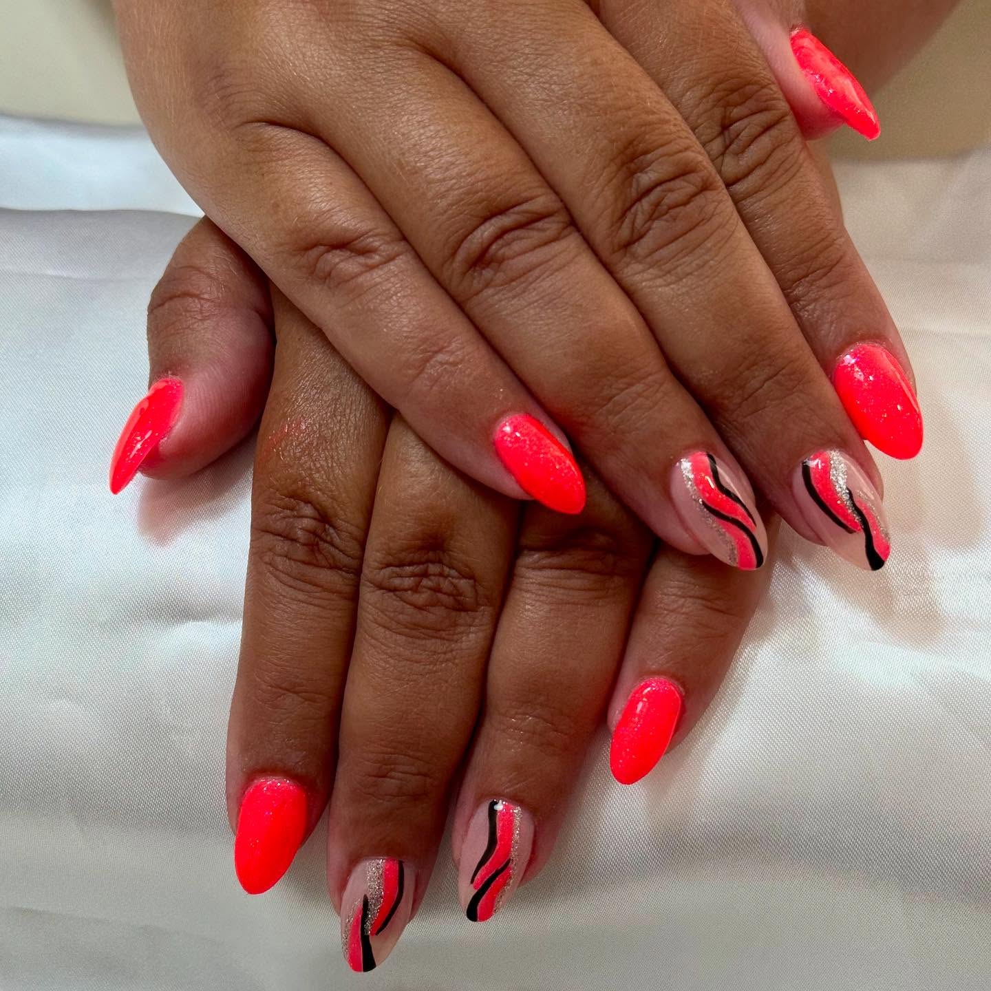 Neon Coral & Abstract Swirl Art Set — nail design by LV Hair and Nails